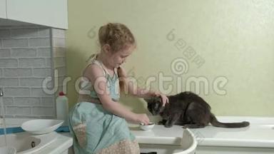 美丽的小女孩穿着围裙在明亮的厨房里，坐在台面上喂猫，帮助父母