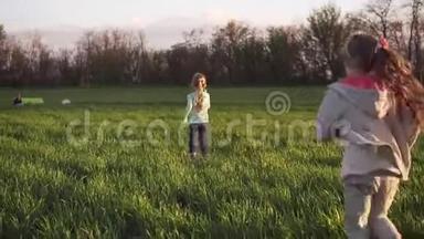 可爱的孩子们在草地上<strong>奔跑</strong>。 两个小妹妹在草地上快乐地<strong>奔跑</strong>的慢镜头