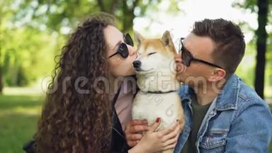在动物享受爱和关怀的同时，快乐的人们亲吻和<strong>抚摸</strong>可爱的狗，<strong>抚摸</strong>它的皮毛