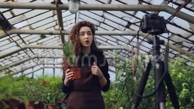 漂亮的女孩受<strong>欢迎</strong>的博主正在为她的社交媒体账户录制关于植物的<strong>视频</strong>，并在三脚架上使用相机。 青年