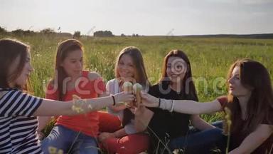 五个年轻的女学生正在草地上吃冰淇淋，手里拿着冰淇淋。