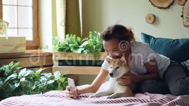 美丽的女孩骄傲的狗主人正在打视频电话，抚摸她的纯种狗躺在床上在家里，年轻的女人。