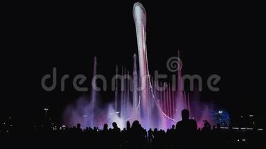 人们在背景明亮的<strong>彩色喷泉</strong>上剪影。 欣赏城市夜景、灯光和音乐的人群