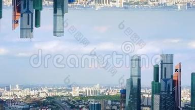 全景鸟瞰金融区的摩天大楼，英国，镜子地平线效应。 股票