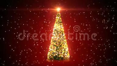 金色圣诞树与闪光灯<strong>旋转</strong>在雪落在离焦的布克在红色背景。 装载3d