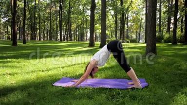 在公园的健身垫上伸展快乐<strong>微笑</strong>的女人的4K镜头。 中年妇女在森林<strong>做瑜伽</strong>练习。