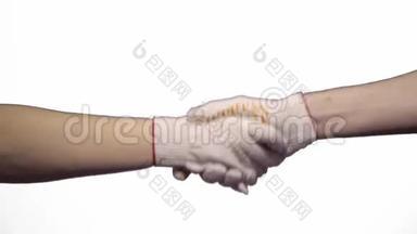 握手，握手，握手。双手手势。彩色的。白色屏幕