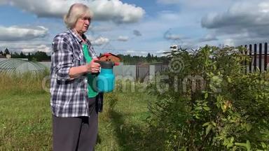 女园丁用装有杀虫剂的喷雾瓶喷洒果树和灌木防治植物病虫害