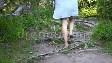一个<strong>穿拖鞋</strong>的女孩走在大树的根部