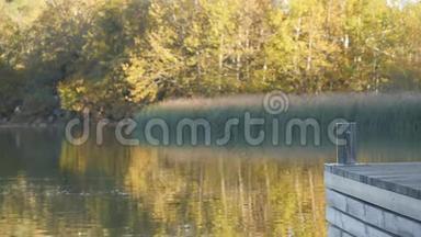 背景为秋湖海岸的空木甲板桌。