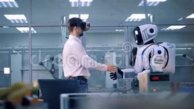 虚拟现实游戏理念.. 工与机器人握手，边打招呼..