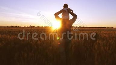 爸爸带着小宝宝在金色夕阳的背景下，带着小麦在田野里跳舞和欢笑。
