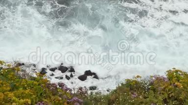 从上面看到海浪<strong>撞击</strong>在石头和岩石上。 前景上美丽的花朵。