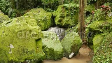 巨大的岩石覆盖着明亮的绿色苔藓和<strong>水流</strong>