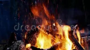 篝火<strong>晚会的</strong>特写在晚上用热余烬和红煤点燃。