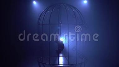 一个女孩在笼子里的空气圈上旋转的剪影。 蓝色烟雾背景。 剪影