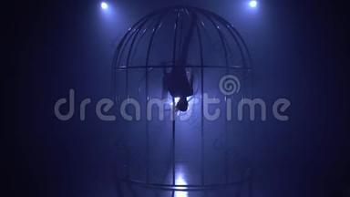 空中体操运动员在笼中的篮圈上用聚光灯在<strong>舞台</strong>上的表演。 <strong>蓝色</strong>烟雾背景。 剪影