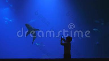 海洋馆，儿童用手机在大型水族馆拍照