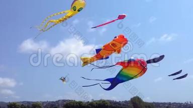 在晴朗的日子里，在晴朗的蓝天上飞翔着五颜六色的海洋生物的巨大风筝