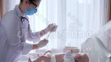 医疗程序、戴口罩和眼镜的护士为儿童准备治疗