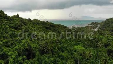 在热带岛屿上空盘旋。 灰色多云的天空，绿色的手掌在苏梅岛潮湿的季节在泰国。 无人机视图