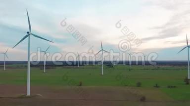 风车风力发电技术.风力发电、涡轮、风车、能源生产的无人机空中视图.绿色