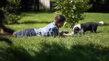 一个男孩正在草地上的公园里和一只小狗玩耍，白天<strong>天气晴朗</strong>，心情很好