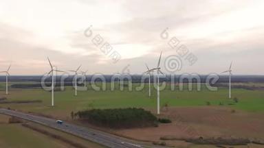 风车风力发电技术.风力发电、涡轮、风车、能源生产的无人机空中视图.绿色