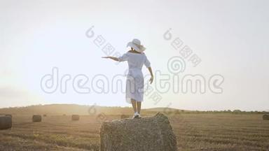 年轻时尚的女孩穿着连衣裙站在干草堆上，把手伸向天空。 田野里美丽的少女.. 女孩