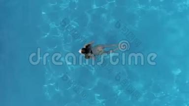 从高处看<strong>夏季</strong>清澈的游泳池里游泳的年轻女子