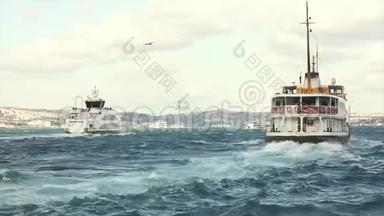 博斯普鲁斯运河里美丽的旅<strong>游船</strong>。 桥的背景上的旅<strong>游船</strong>。 土耳其伊斯坦布尔