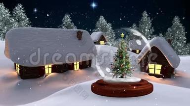 夜间在神奇森林中的照明小屋和<strong>圣诞</strong>树<strong>圣诞动画</strong>