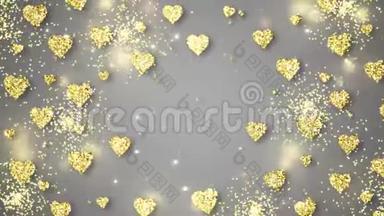 金色闪亮的心在灰色背景上闪耀着文字。 情人节节日抽象循环动画。