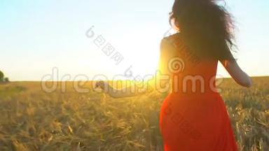 快乐的年轻西班牙裔美女在日落的夏天在麦田上<strong>奔跑</strong>。 <strong>自由</strong>健康、幸福旅游