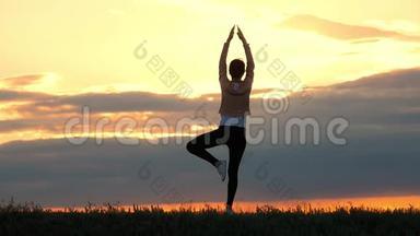 日落时分，年轻女子在草地上练习瑜伽。 日落时身材苗条的女孩练瑜伽