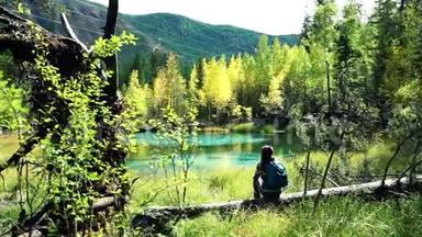 一位背着背包的旅行妇女坐在森林中蓝色的山湖边一棵倒下的树上