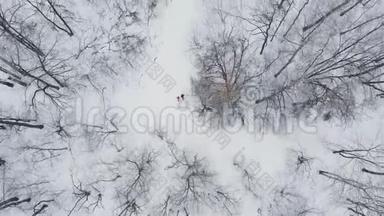 一个男人和一个女人在冬天通过树林训练和做他们的健康。 早上慢跑，健康