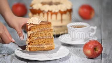 焦糖<strong>苹果</strong>蛋糕的<strong>切片</strong>与香料，肉桂，干<strong>苹果</strong>，奶油焦糖在秋季风格。