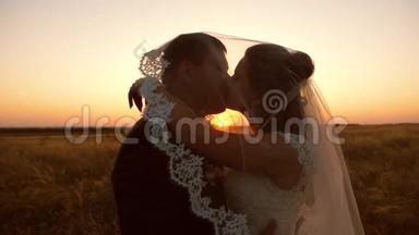 年轻的已婚夫妇在日落时亲吻和<strong>拥抱</strong>。 <strong>男女</strong>婚姻生活