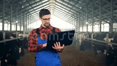 一个男人带着笔记本电脑沿着牛棚走