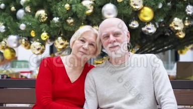 在商场装饰圣诞树附近的老夫妇画像。 幸福的家庭坐着微笑