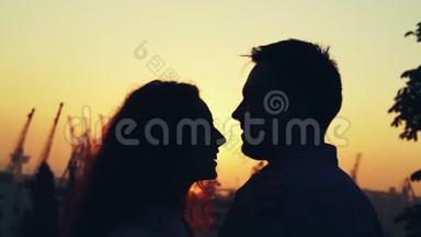 在秋天公园度过亲密<strong>时光</strong>的幸福夫妇<strong>剪影</strong>。 日落的光，太阳耀斑。 喜欢的情侣