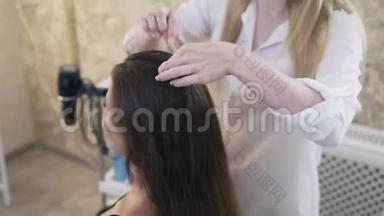 一位女理发师给客户梳长发，并准备他们在<strong>剪发</strong>前进行操作。 的概念