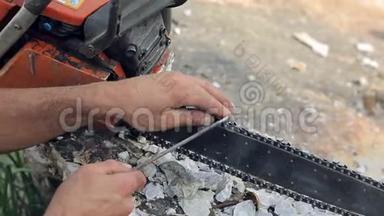 电锯磨齿用于木材切割。 工人用打磨工具特写把电锯磨尖..