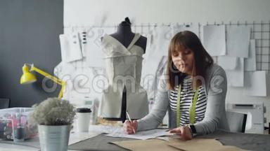 专业服装设计师正在绘制草图，然后在智能手机上接收信息。 她在拿装置，触摸屏幕