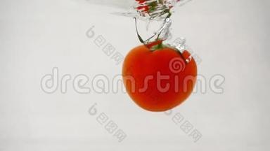 一个成熟的红西红柿在水下旋转潜水，中间是白色背景