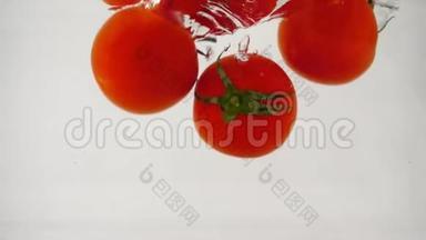 三个红色的西红柿和一根小树枝漂浮在水下，白色的背景