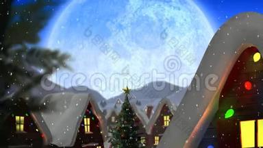 满月、房屋和降雪的冬季景色