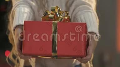 小女孩把礼品盒装成相机，高兴收到礼物，新年