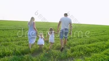 一个四口之家的年轻幸福家庭和两个孩子一起在一片绿色的田野上。 有孩子的家庭，夏天散步的孩子
